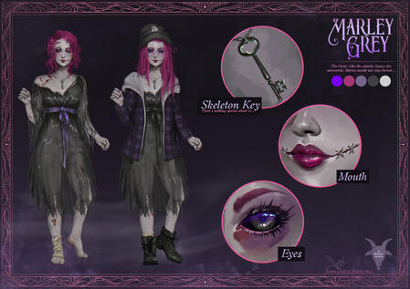 Reference sheet by Dona Vajgand, showing Marley in their torn black nightgown + the version with goth boots, hoodie, and beanie for blending in. Closeups on a skeleton key, stitched chelsea smile, and black sclera eyes. "Satanik Gothic" goat head silhouett