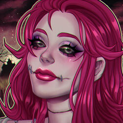 PFP by Glor featuring Marley: pink hair, gray eyes, asymmetrical 'horns' of hair on the sides, stitched chelsea smile, and suspicious line on the neck.