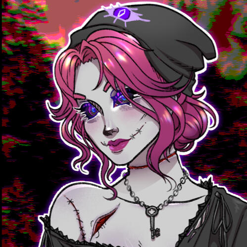 Closeup on Marley's pinkhaired vtuber with the chelsea smile and suspicious line on the neck. Art by MelliferaGwyn.