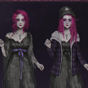 Reference sheet by Dona Vajgand, showing Marley in their torn black nightgown + the version with goth boots, hoodie, and beanie for blending in. Closeups on a skeleton key, stitched chelsea smile, and black sclera eyes. "Satanik Gothic" goat head silhouett