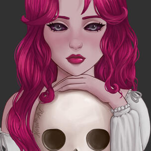 A glamorous, thoughtful Marley rests their hand on the top of a skull.