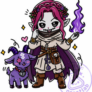 Chibi Marley as a rogue-ish mage with pointed ears, their hair up in a braided crown with flowers, purple flame in one hand. At their side is a little purple goat Cy-Clops looking very pleased and excited.