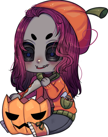 chibi Marley carving a pumpkin and looking fall-ready with mushrooms in pocket