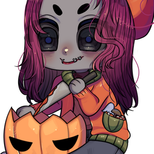 Chibi Marley carving a pumpkin and looking fall-ready with mushrooms in their pocket. Art by Akobon.