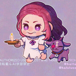A cute chibi white nightgown wearing Marley hurries along with her candlestick, Cy-clops at her side. Art by hallumonn.