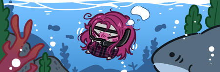 Summer YCH banner featuring a chibi snorkeling Marley and a slightly confused-looking shark.