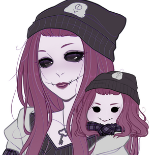 Two images together: First, a waist-up illustration of Marley in her hoodie and beanie with VHS inspired linework. Second, a very small chibi face Marley, arms crossed with chin sitting on arms. Art by Misia, (previously ArtemisiaVT).