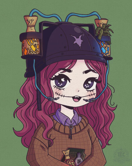 Cheeky chibi Marley holding Dark Souls and Elden Ring items while wearing a drink hat with straws, with estus flasks instead of sodas or booze.