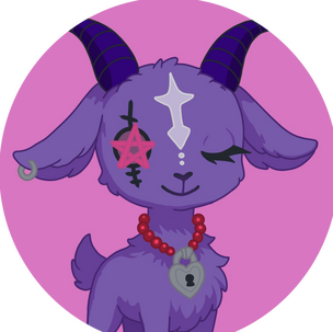 Purple goat mascot featuring a silk ribbon pentagram over their missing eye, a lil earring, and a necklace with a heart-haped lock on it. Art by Cutethulhu.