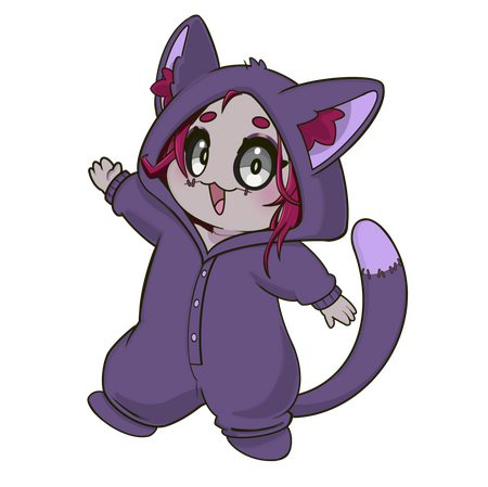 Chibi Marley in a purple kigurumi-like suit with cat ears and tail.