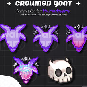 Watermarked collage of Marley's sub badges nicknamed "crowned goat" and channel points icon featuring a devil-horned skull. Art by Daitary.